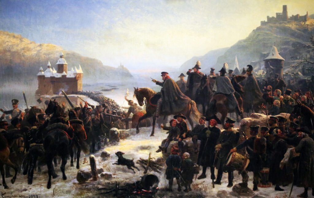 Bluecher i 1 Armijo Ślōnsko przekroczo Ryn kole Kaubu we styczniu 1814