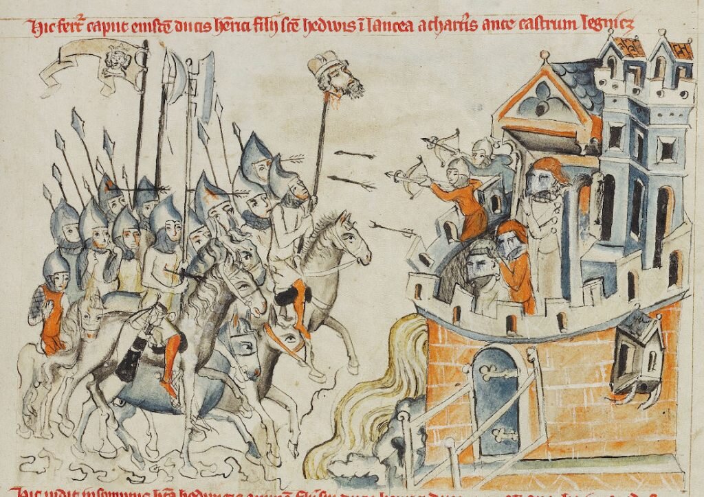 Niyznōmy autōr – Tatarzi paradzōm ze gowōm ôd princa Hynryka przed murami Legnice we „Legyńdzie ô świyntyj Jadwidze”, 1353.